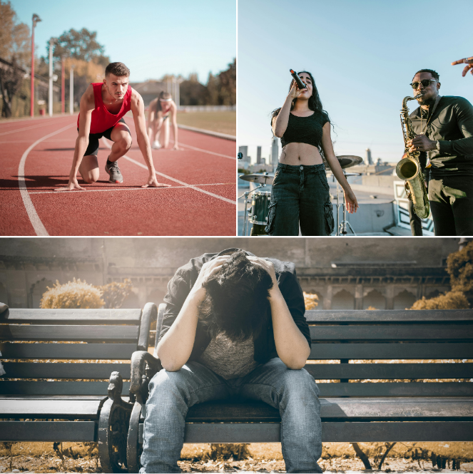collage of three scenes: a person on a running track, a woman with a microphone and saxophonist and a person sitting on a bench with head in hands